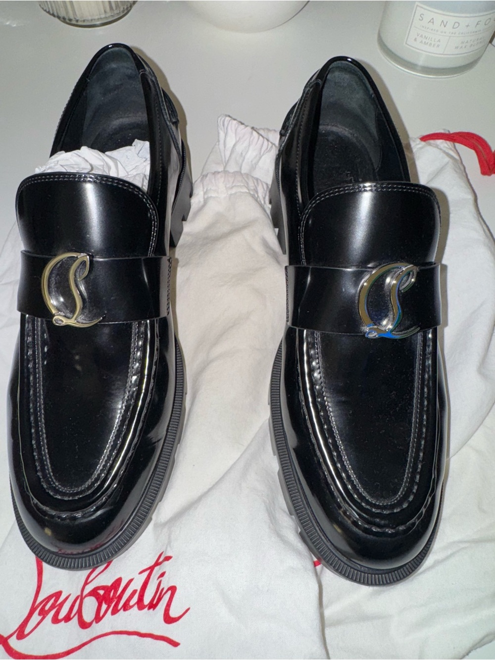 Christian Louboutin Black Patent Leather Slip-On Loafers with Gold-Tone Logo